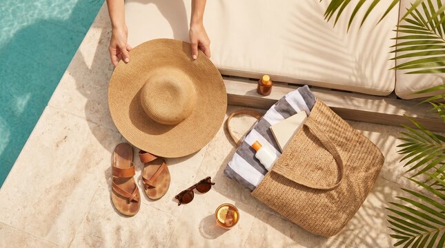 Top view of a straw hat, sandals, sunglasses, and a beach bag by a swimming pool