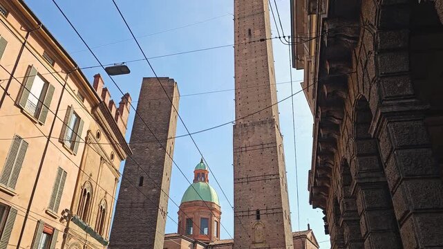 Street view of the Two Towers in Bologna, Italy