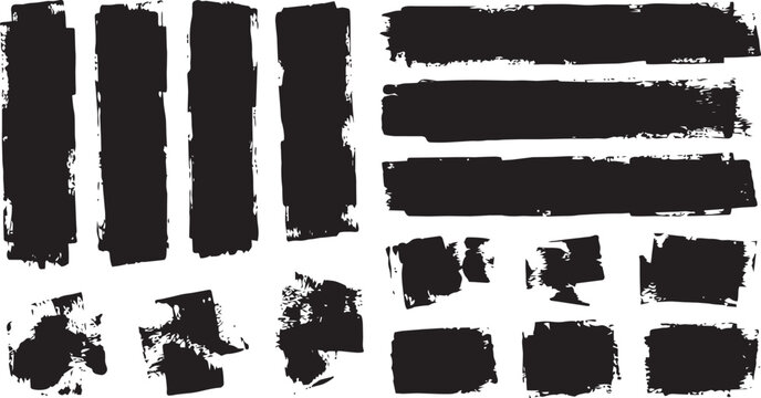 Collection of black ink brush strokes and paint splatters. Abstract grunge artistic banners, textured rectangular paint swipes, and ink blots isolated on white background for design elements.