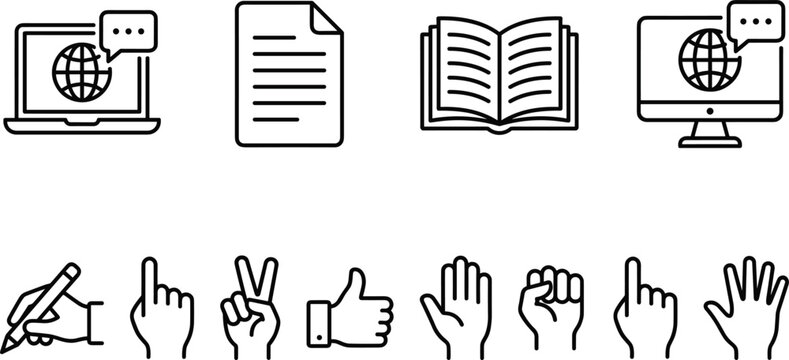 Global E Learning Icon Set Featuring Online School Symbols and Hand Gestures for Digital Education Platforms