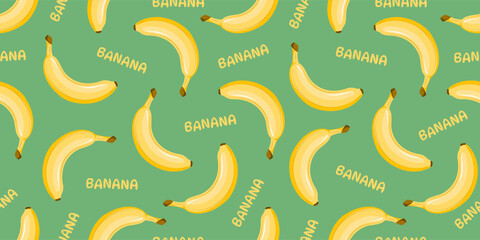 Summer seamless pattern with bananas on green background. Vector illustration © Julia Bilevych