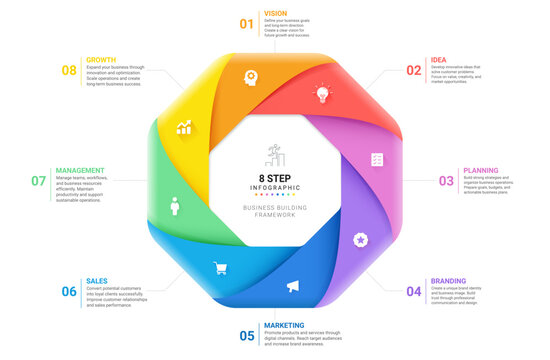 Venn diagram infographic geometric template for business presentation. Modern vector venn chart with 8 step options, process flow and marketing concept design.