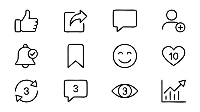 Social Media Engagement Line Icon Set featuring Like, Share, Comment, Follow, Subscribe, Bookmark, Reaction, Heart, Retweet, View Count, and Analytics Chart for Digital Marketing and UI UX Design.