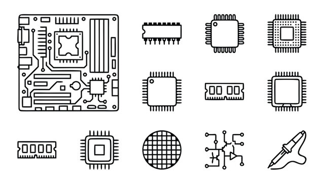 Minimalist vector line icon set of computer hardware and electronic components including motherboard, microchips, CPU, RAM memory, silicon wafer, circuit diagram, and soldering iron on white.