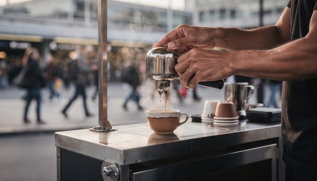 Barista pouring espresso shot at curbside coffee cart with blurred busy train station crowd in the background focusing on manual brewing process.