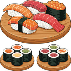 Sushi vector illustration, nigiri and maki rolls, Japanese cuisine, seafood platter, hand-drawn food art © Md Nurjamal