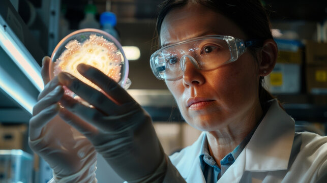 A scientist gently handling a petri dish with biofabricated skin cells watching as they fuse together and form a patch of functioning tissue.