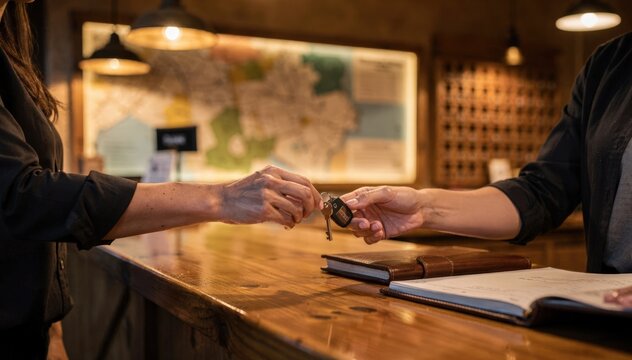 Evening arrival at a quaint riverfront lodge reception counter featuring illuminated local maps and a tidy key rack main focus on the receptionists hands.
