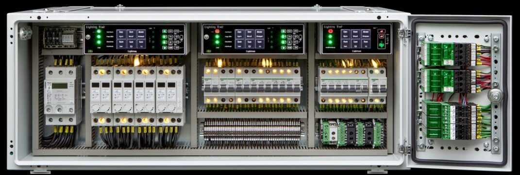 Industrialgrade lighting control enclosure with robust relay systems and dimmers designed for harsh environments and largescale facility lighting management.