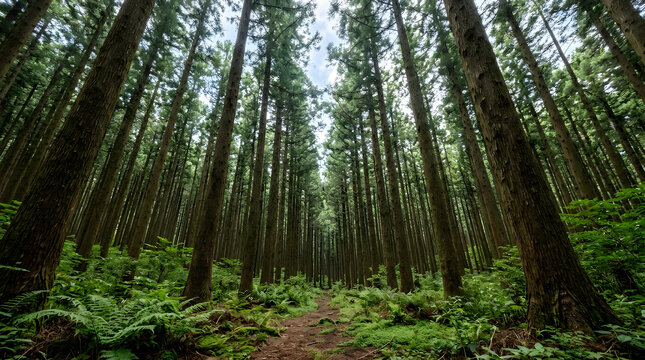 Tall Trees in Dense Korean Cedar Forest with Path