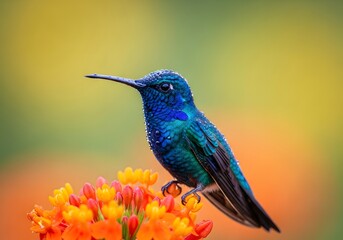 Fototapeta premium Stunning iridescent blue hummingbird perched on orange flowers