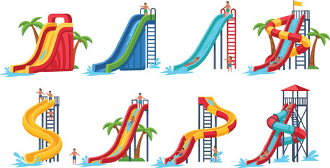 Fototapeta premium Colorful water park slides vector collection with pools ladders palm trees and children for summer fun design