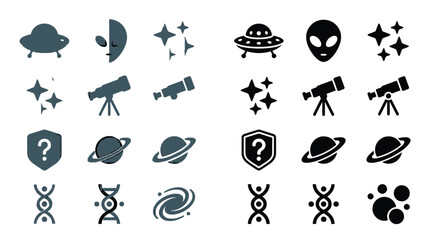 Collection of space and science icons including UFOs, aliens, planets, telescopes, DNA, and galaxies. © Feldway