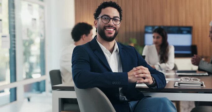 Face, business or man with smile in meeting, legal representative job or case management in law firm. Portrait, professional or lawyer with confidence for lawsuit defense, about us or client advocate