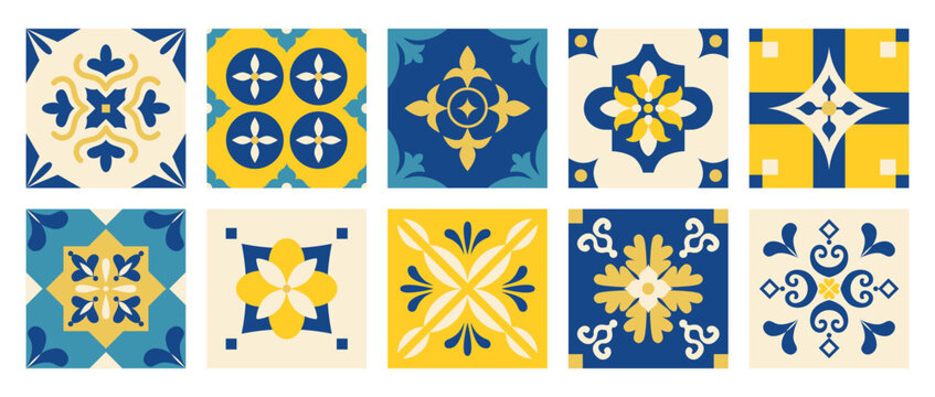 Mediterranean blue and yellow pattern. Italian, Portuguese, Moroccan, Greek azulejo tiles. Geometric floral mosaic shapes. Mediterranean aesthetic. Coastal living. Interior design. Vector.