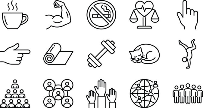 Healthy Lifestyle Wellness and Corporate Teamwork Line Icon Set for Workplace Health and Balance Apps