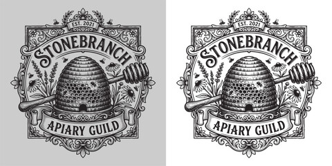 Vintage apiary guild emblem with beehive honey dipper flowers and bees © Hamdani