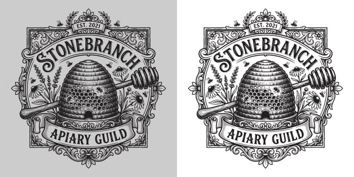 Vintage apiary guild emblem with beehive honey dipper flowers and bees
