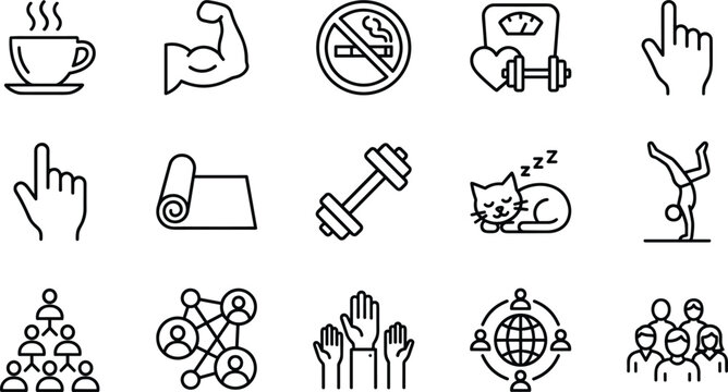 Healthy Lifestyle Wellness Habits and Corporate Teamwork Line Icon Set for Workplace Balance Application Interfaces