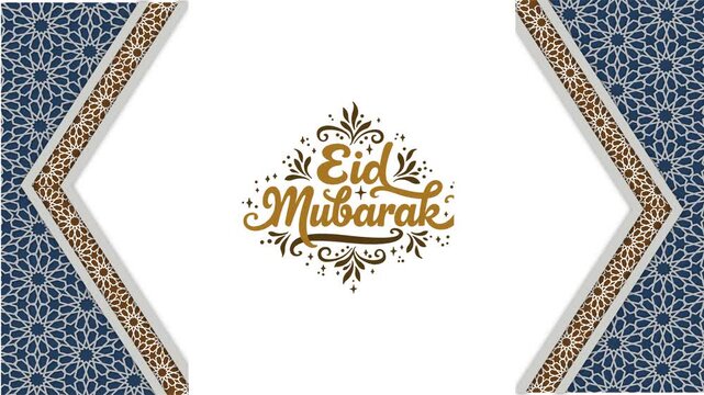 Eid Mubarak greeting card video, Islamic geometric pattern background with gold calligraphy, elegant blue and white Ramadan celebration motion graphic