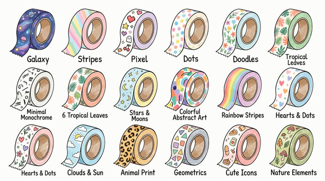 Collection of colorful decorative washi tapes with various patterns and designs.