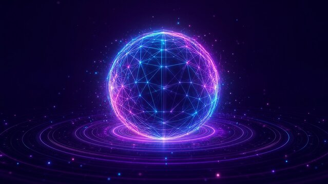 A massive 3D wireframe sphere made of neon cyan and magenta lines. Concentric circular waves on a dark violet background representing an AI core or central processing unit. Analytical vibe