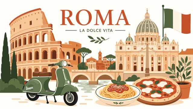 Roma, the Eternal City: An illustrated panorama of Rome's iconic landmarks, including the Colosseum, St. Peter's Basilica, and a picturesque bridge, adorned with a vintage scooter, delicious pasta.