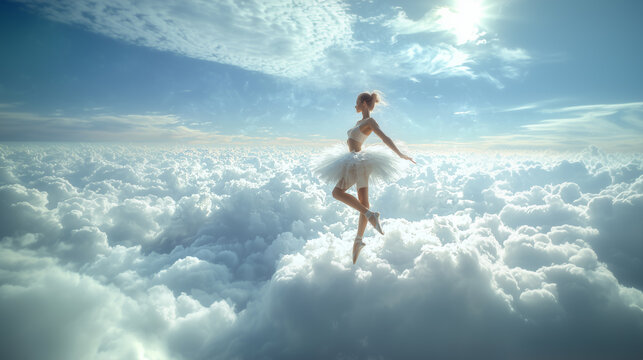 Ballet dancer performing gracefully on clouds during a surreal sky display