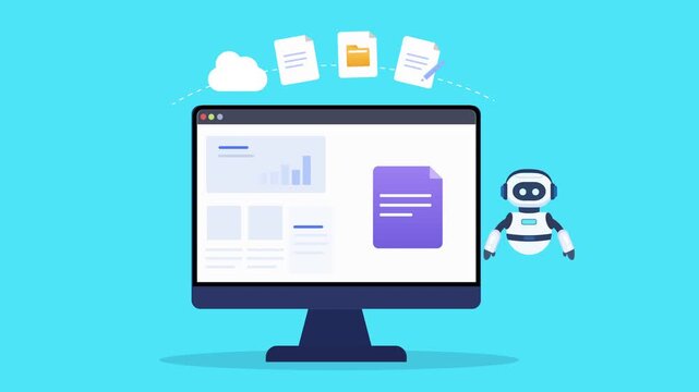 Animated AI workflow content illustration featuring a computer interface, document elements, task panels, cloud graphics, and a robotic assistant in a smooth looping technology scene.