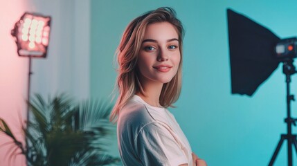 Fototapeta premium A charismatic young influencer creating engaging content in a trendy studio with professional lighting and an aesthetic background