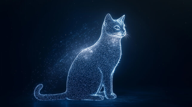 Digital representation of a cat glowing in a dark environment with sparks