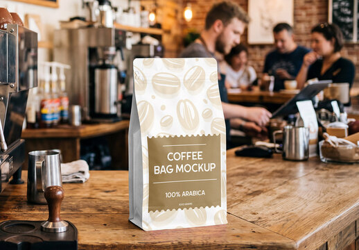 Coffee Bag in Cafe Mockup