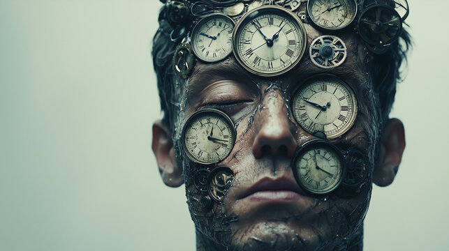 Unique artistic representation of time with clock faces on a person's face