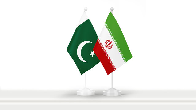 State flags of Pakistan and Iran, isolated on white background. Concept of official meetings, events and summits on government level. Business, collaborations and negotiations.