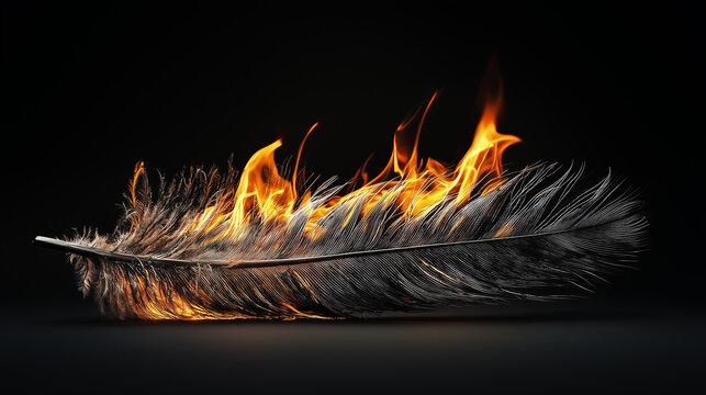 Captivating feather ignites in mesmerizing flames against a dark backdrop