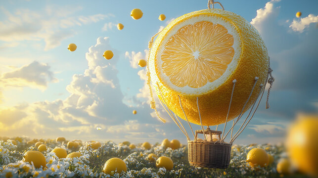Hot air balloon shaped like a lemon floats over a field of flowers at sunset