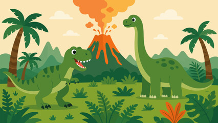Dinosaur Land Adventure: A lively cartoon depicts two friendly dinosaurs, a Tyrannosaurus Rex and a Brontosaurus, amidst a prehistoric landscape with lush vegetation and an erupting volcano. © Ahmed