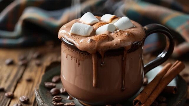 A steaming mug overflowing with hot cocoa and marshmallows, complemented by coffee beans and cinnamon sticks