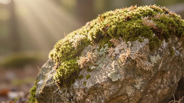 Mossy rock with delicate lichen bathed in soft sunlight filtering