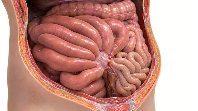 Small Bowel Obstruction 3D Anatomy Illustration With Dilated Intestine Loops for Digestive Health Education and Patient Brochure