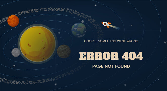 Error 404 Not Found landing page template with solar system on the background. Vector illustration
