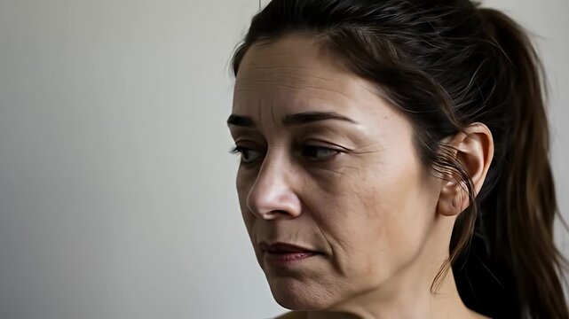 Portrait of woman with brown eyes looking off to the left against light background
