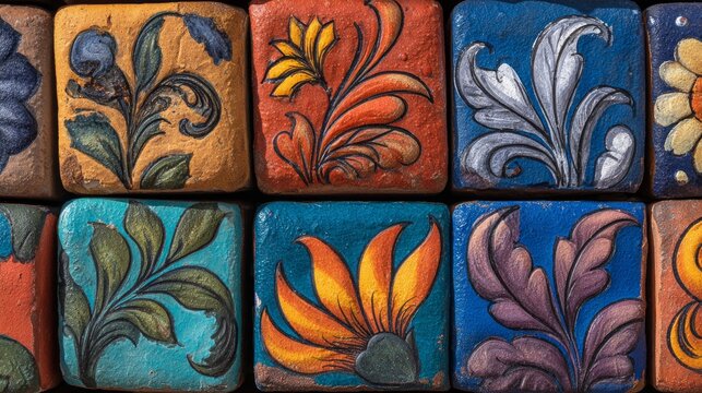 Colorful Hand-Painted Ceramic Tiles with Floral Designs