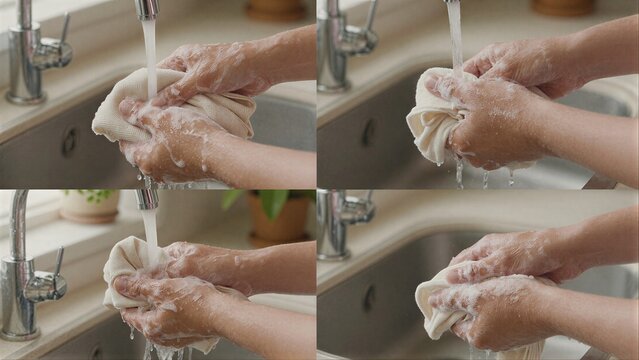 Hands wash cloth under running water in kitchen sink creating soap