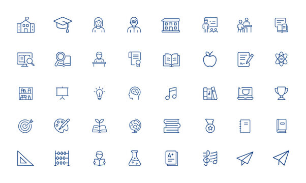 Editable stroke education icon vector illustration with school, study, student, teacher, university, lesson, book, classroom, diploma, notebook, learning, science, library, lecture, creative and more.