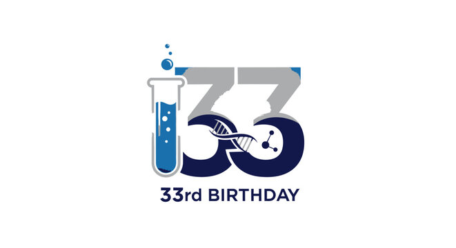Science themed 33rd birthday graphic with test tube and DNA