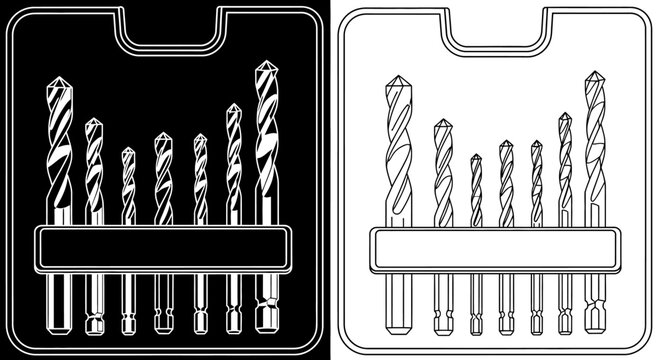 Set of drill bits in holder with different sizes and shapes on black and white