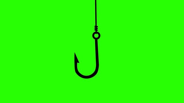 Simple Black Fishing Hook Animation On Green Screen Background. Minimal Flat Design Style With Hanging Fishhook Silhouette Line. 