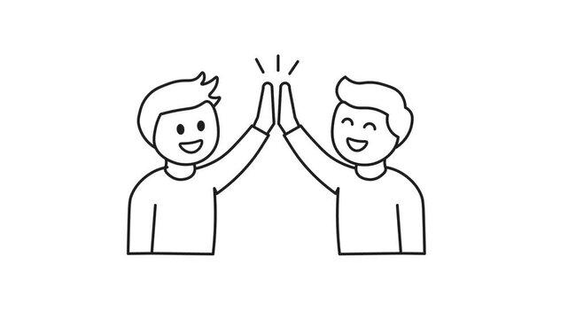 Friends Giving High Five Outline Icon Animation On white background. Minimal Black Line Art Style. Concept Of Teamwork, Friendship, Success, Celebration and Positive Partnership. 