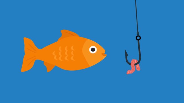 Fish Swimming Toward Fishing Hook With Worm Bait And Getting Caught Flat Design Animation. Concept Of Temptation, Risk,  Curiosity And Consequences. Business Metaphor, Decision Making And Fishing 